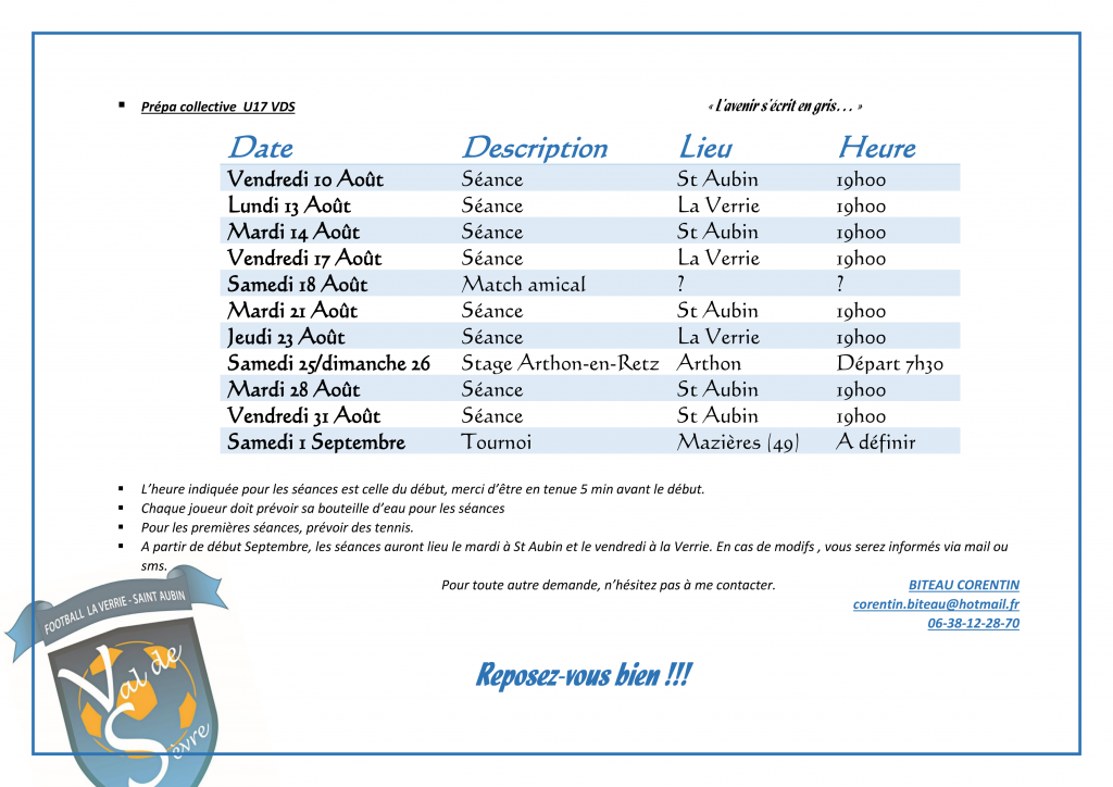 Prépa début saison U17 VDS