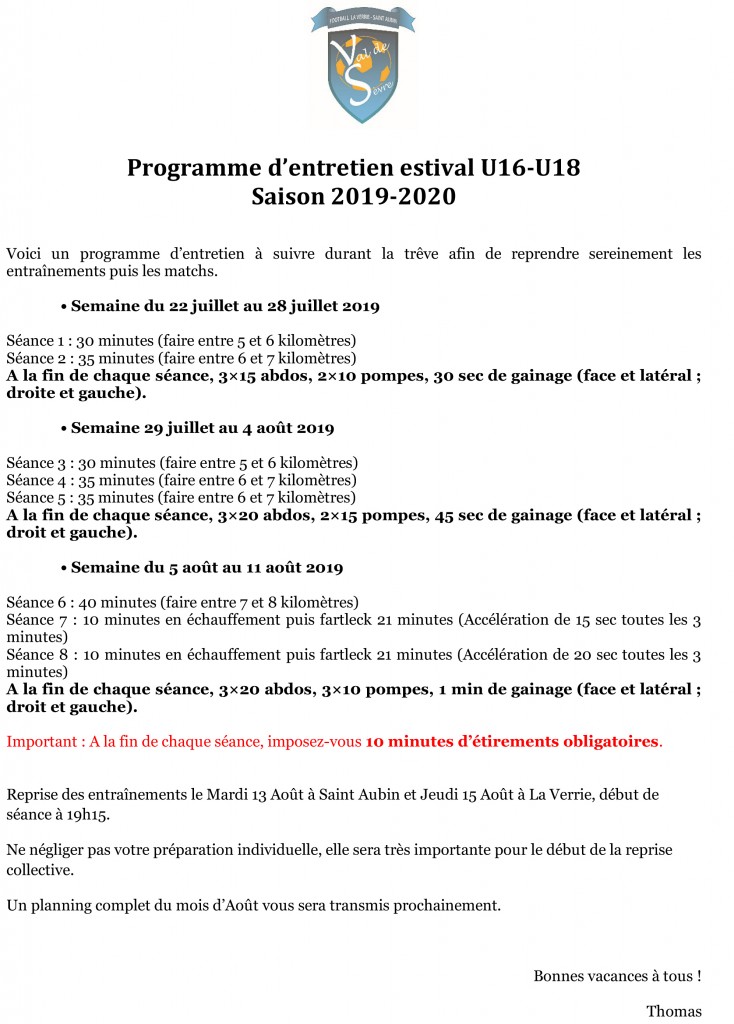 Programme d'entretien estival U16-U18